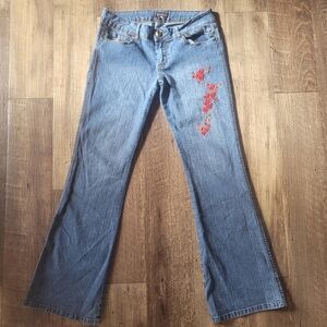 Vtg Whimsy Goth Embroidered Cherry Blossom Flared Hippie Chic Jeans/t282